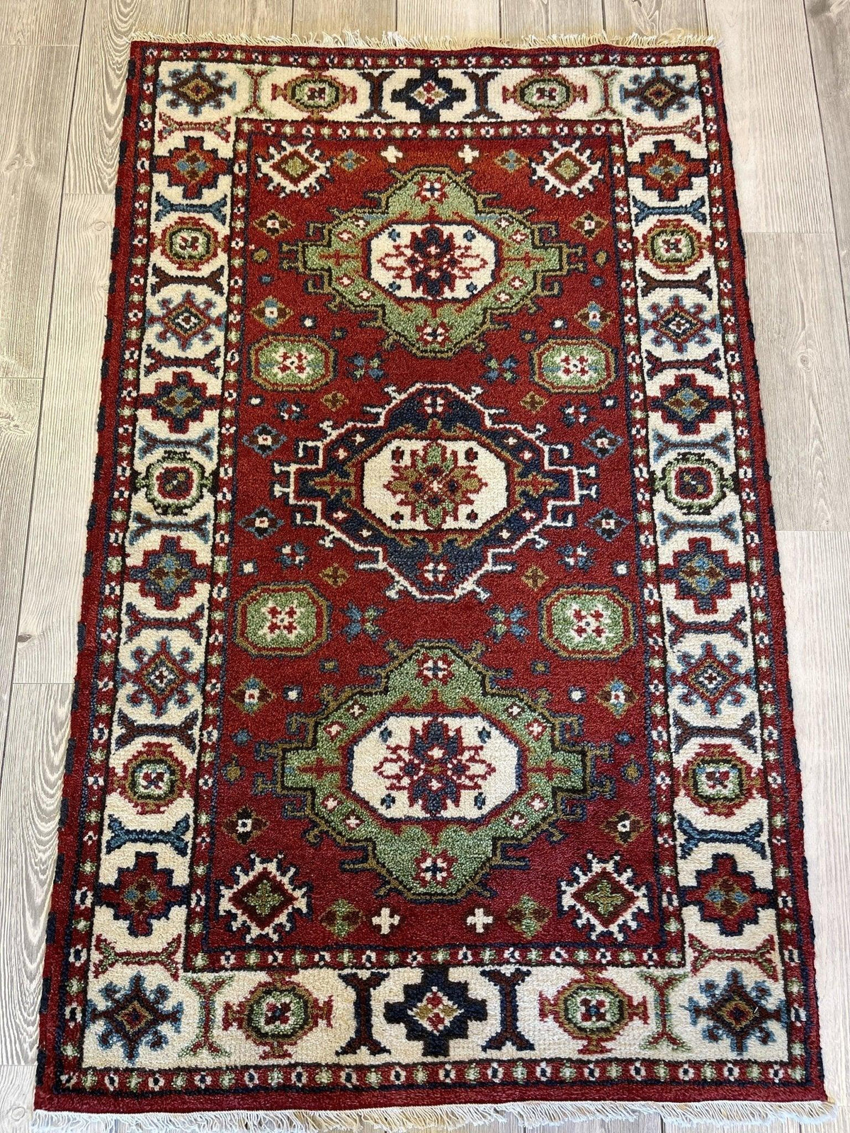 Indo-Kazak Rug 3' x 5', Handmade Wool, Cream, Red & Green, view 2