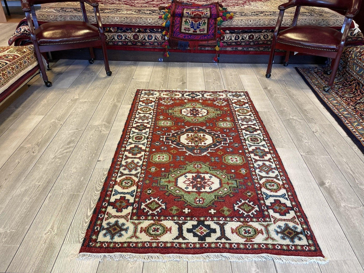 Indo-Kazak Rug 3' x 5', Handmade Wool, Cream, Red & Green, view 3