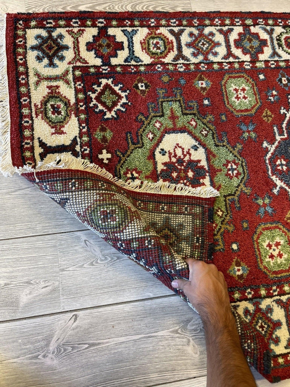 Indo-Kazak Rug 3' x 5', Handmade Wool, Cream, Red & Green, view 4