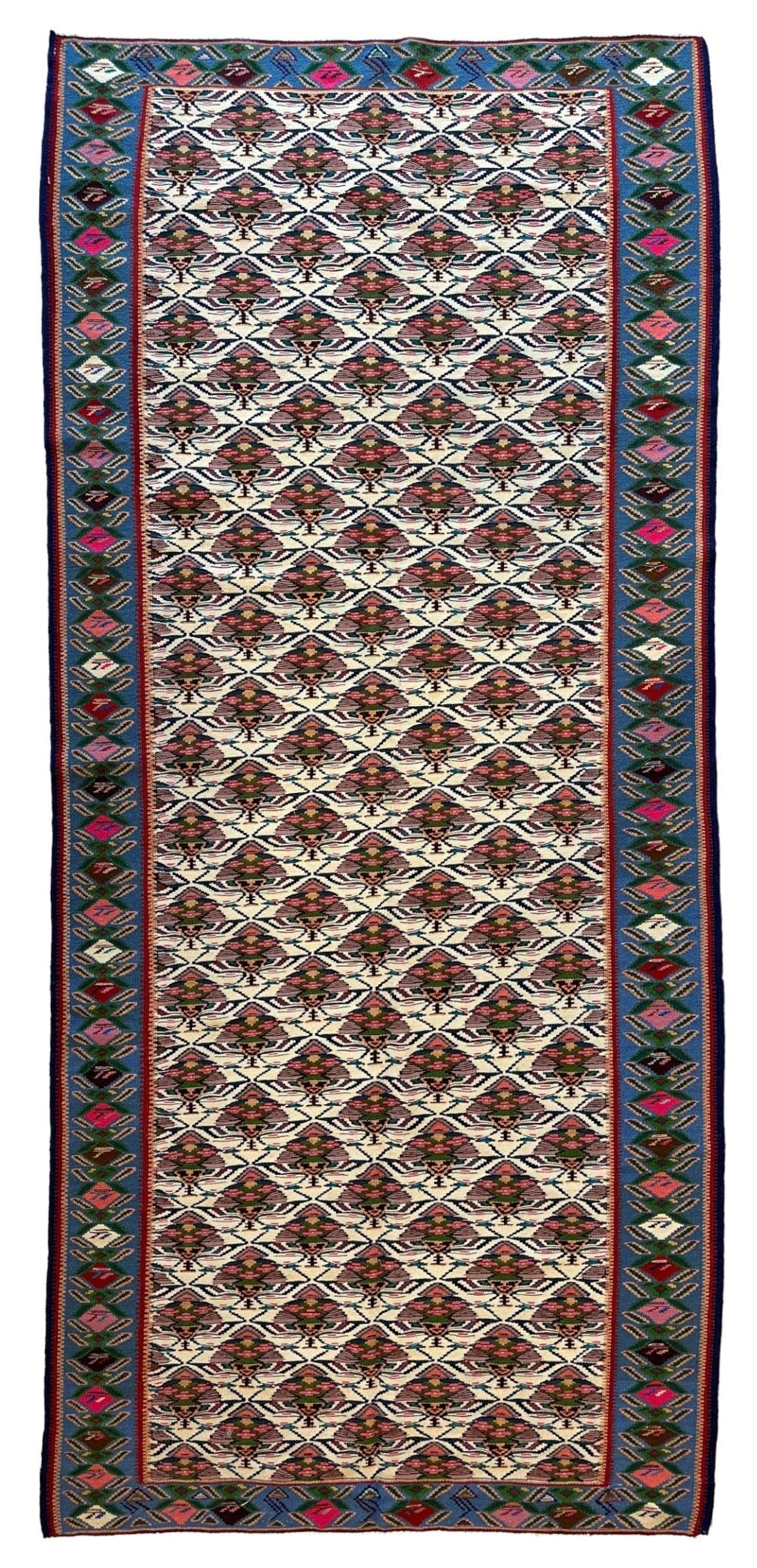 Vintage Persian Senneh Kilim 4'2" x 9'1", Hand-Woven Wool, 1980s, view 2