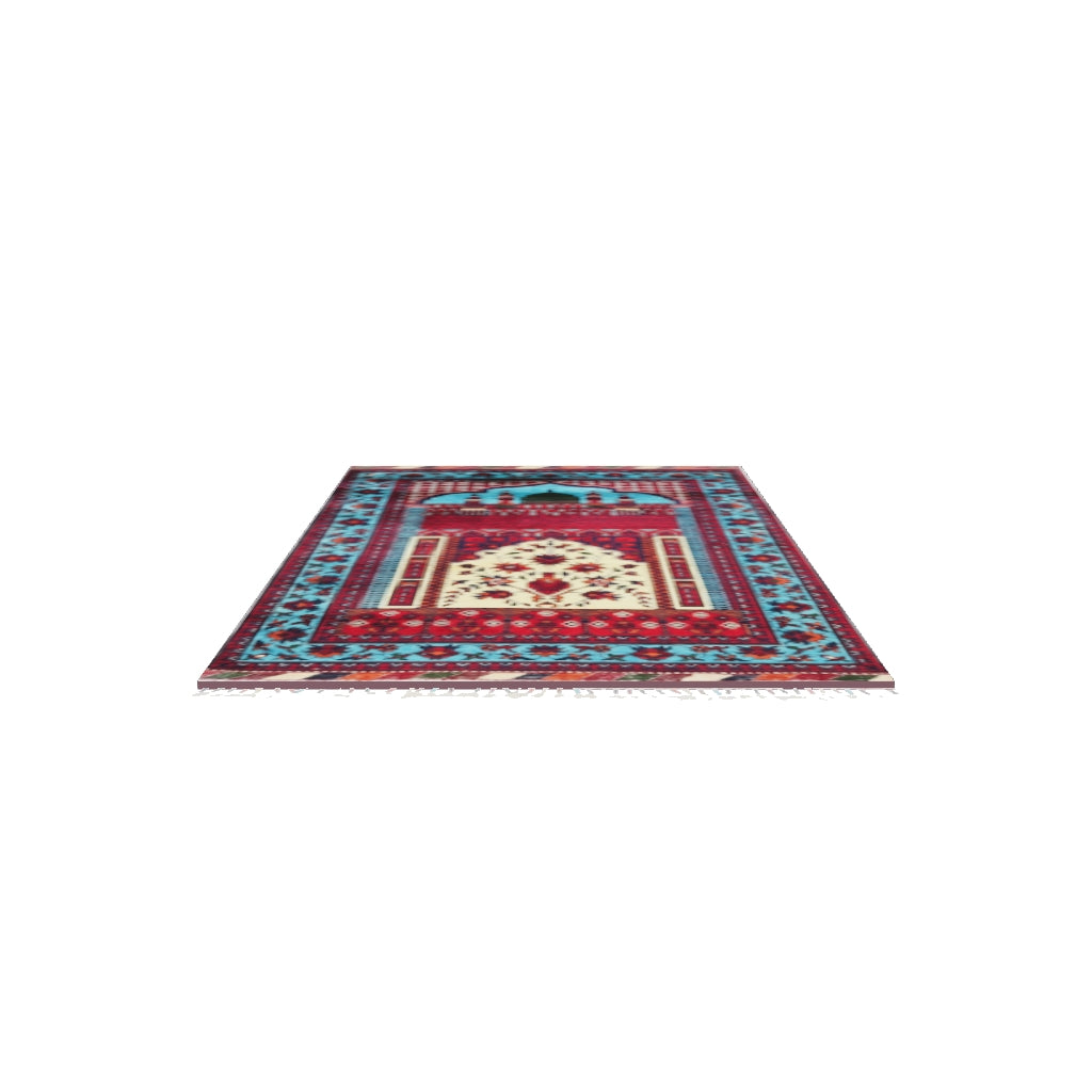 Afghan Prayer Rug 3x4 | Red, Light Blue & Yellow | Hand-Knotted Wool | True-Size 3D Rug | View in Your Room