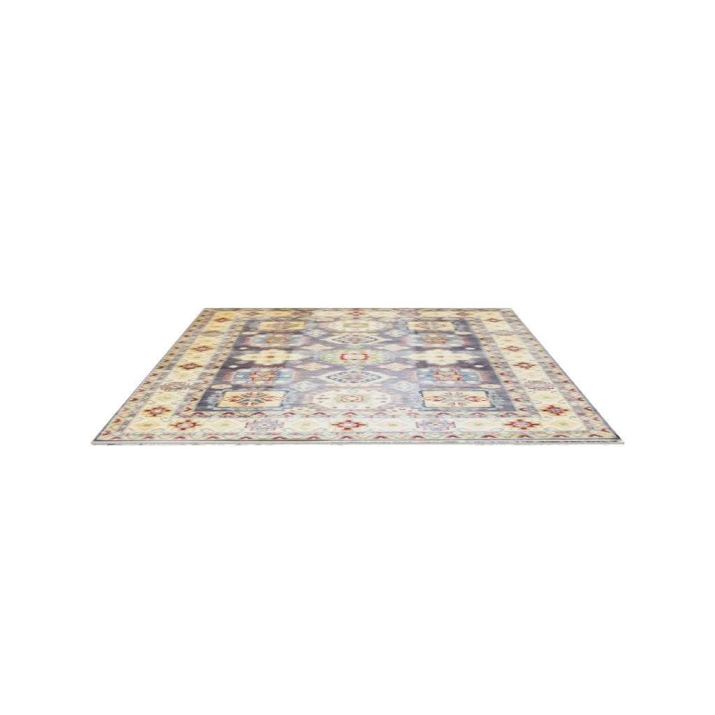 Afghan Kazak Rug 8x10 | Gray, Gold & Light Blue | Hand-Knotted Wool | True-Size 3D Rug | View in Your Room