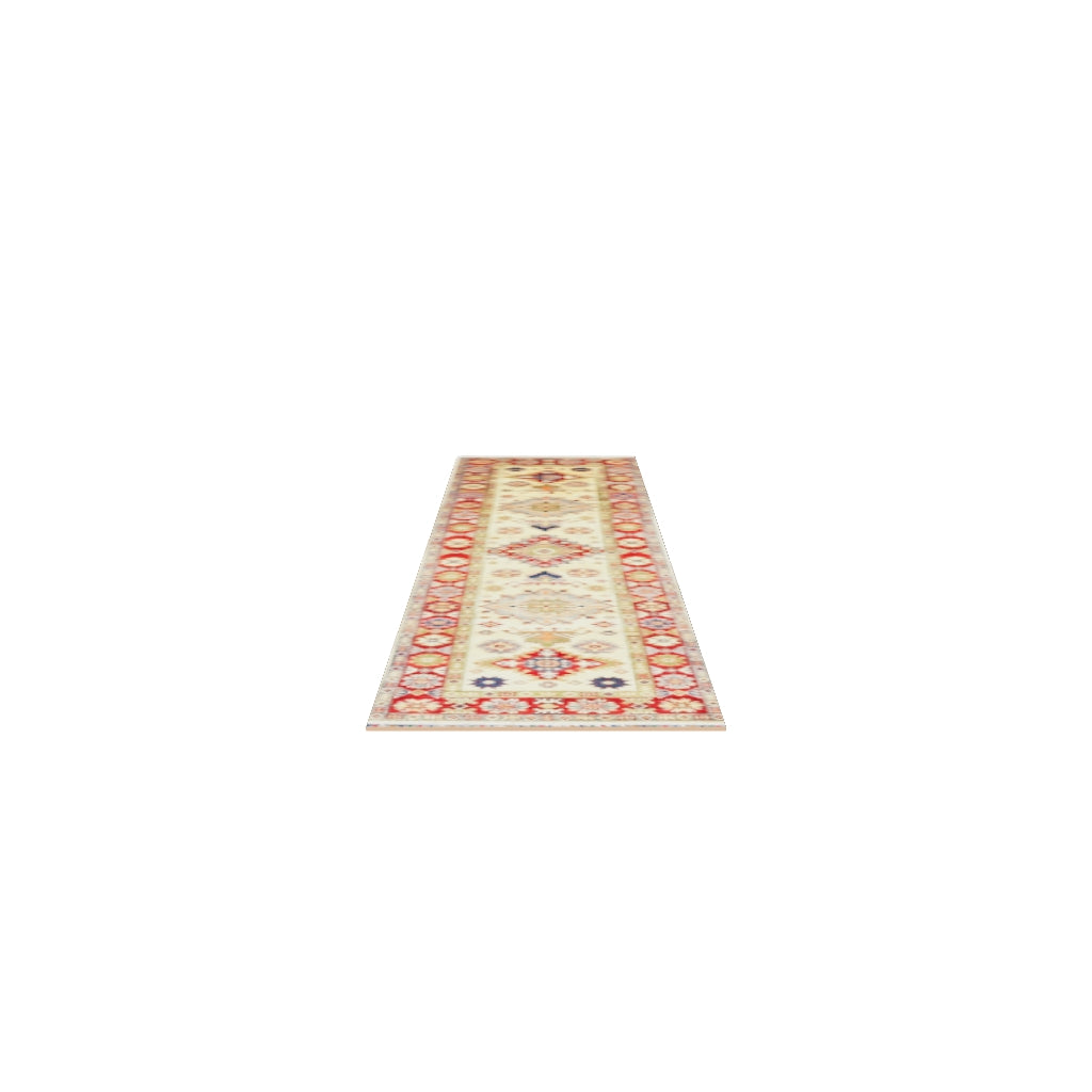 Afghan Kazak Runner 3x10 | Gold, Red & Light Blue | Hand-Knotted Wool | True-Size 3D Rug | View in Your Room