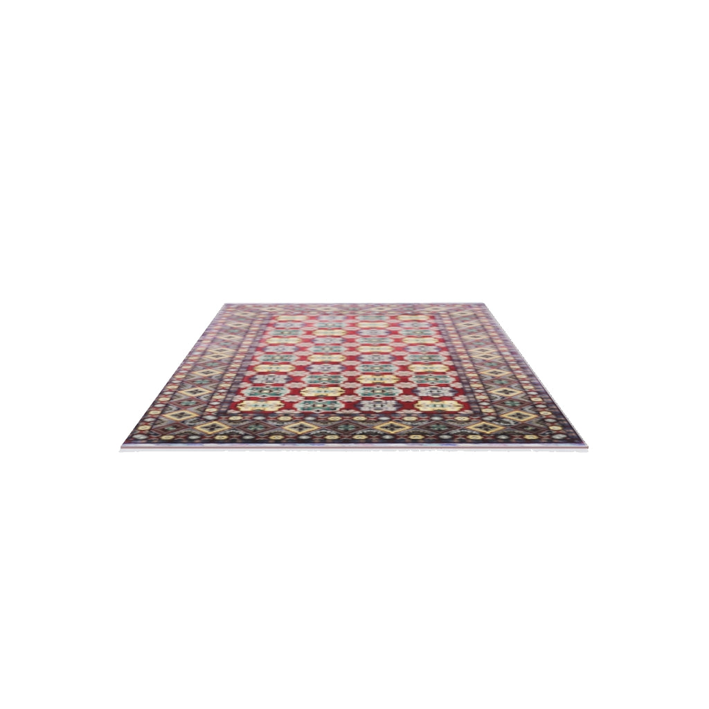 Afghan Bakhtiari Rug 7x10 | Red, Navy & Green | Hand-Knotted Wool | True-Size 3D Rug | View in Your Room