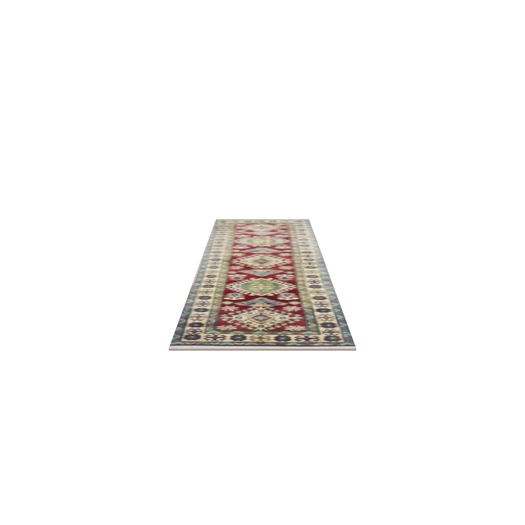 Afghan Kazak Runner 3x10 | Red, Beige & Navy | Hand-Knotted Wool | True-Size 3D Rug | View in Your Room