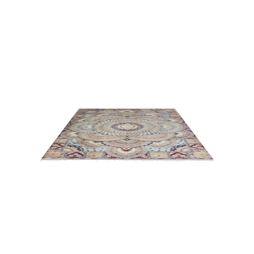 Afghan Rug 8x12 | Beige, Light Blue & Navy | Hand-Knotted Wool | True-Size 3D Rug | View in Your Room