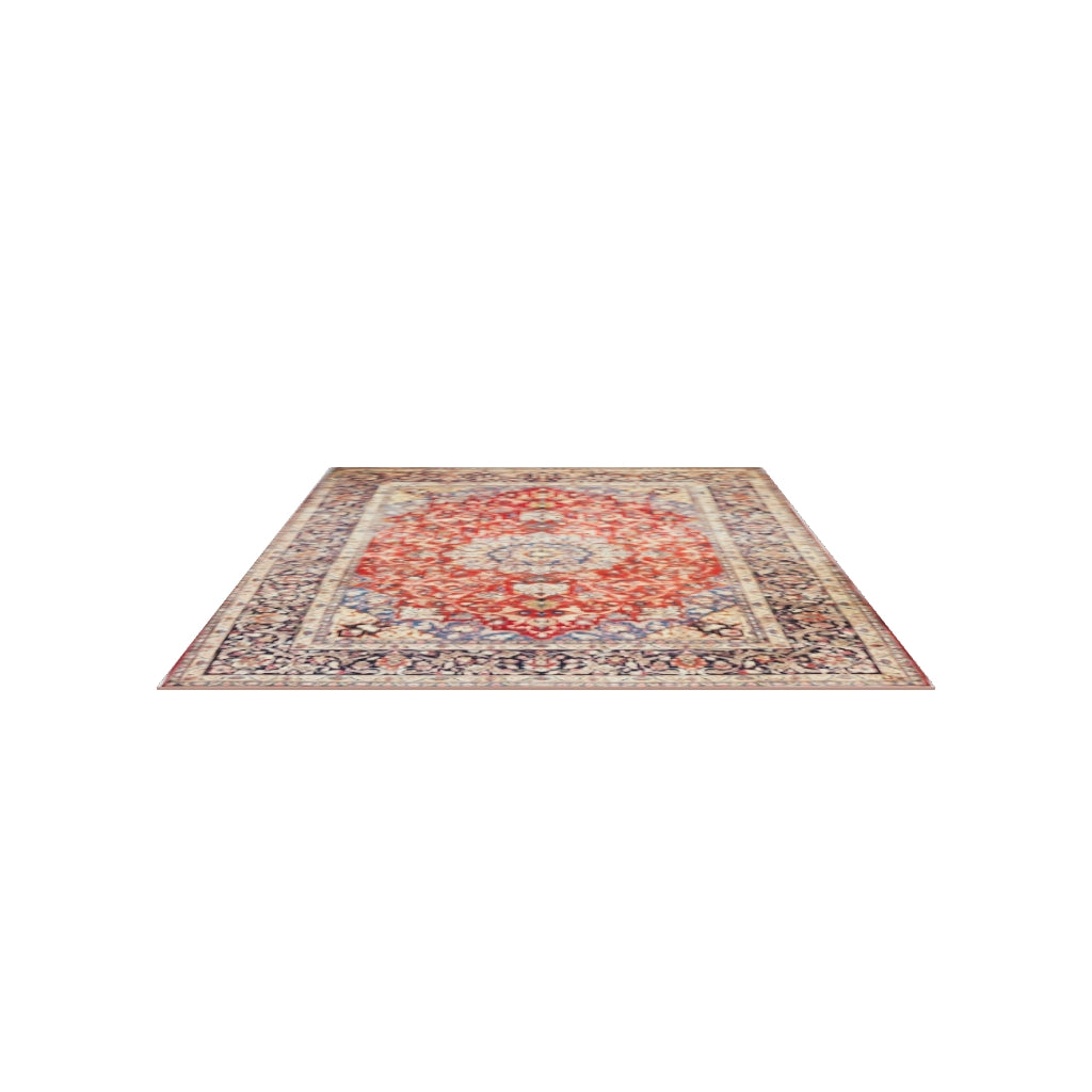 Vintage Persian Kashan Rug 8x11 | Red, Navy & Light Blue | Hand-Knotted Wool | True-Size 3D Rug | View in Your Room