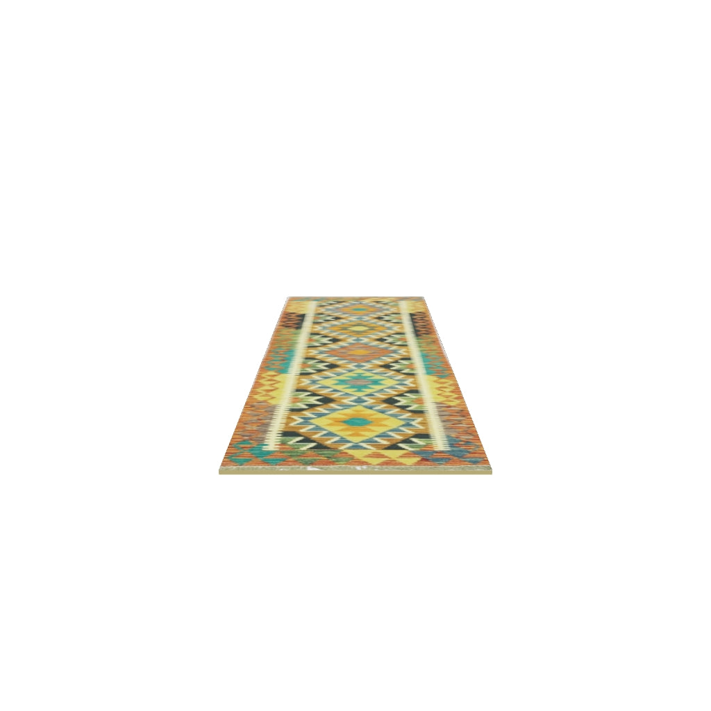 Afghan Kilim Runner 2x6 | Gold, Rust & Teal | Hand-Woven Wool Flatweave | True-Size 3D Rug | View in Your Room