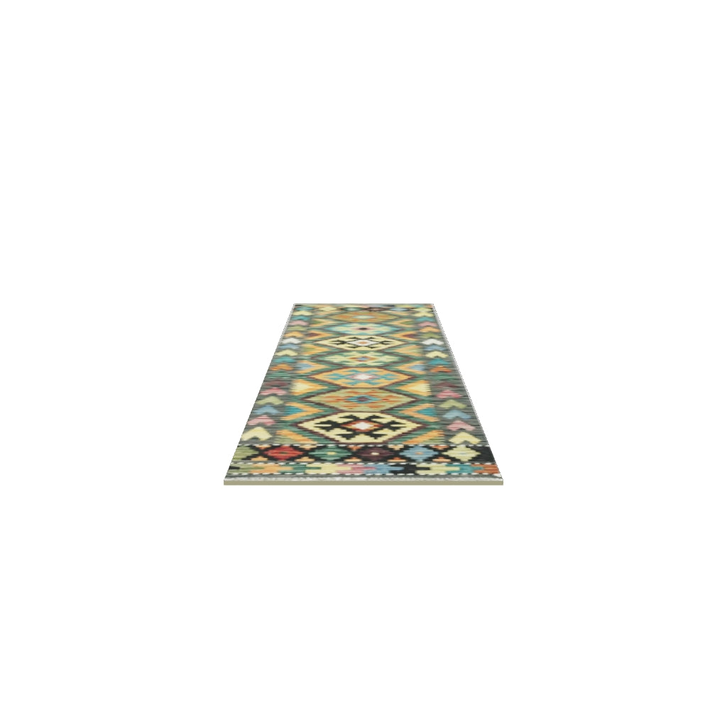 Afghan Kilim Runner 2x6 | Olive Green, Teal & Orange | Hand-Woven Wool Flatweave | True-Size 3D Rug | View in Your Room