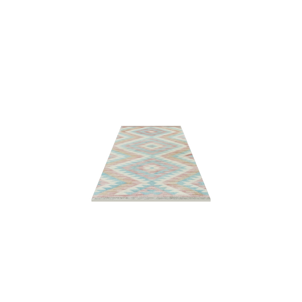 Afghan Kilim Runner 2x5 | Teal, Pink & Ivory | Hand-Woven Wool Flatweave | True-Size 3D Rug | View in Your Room