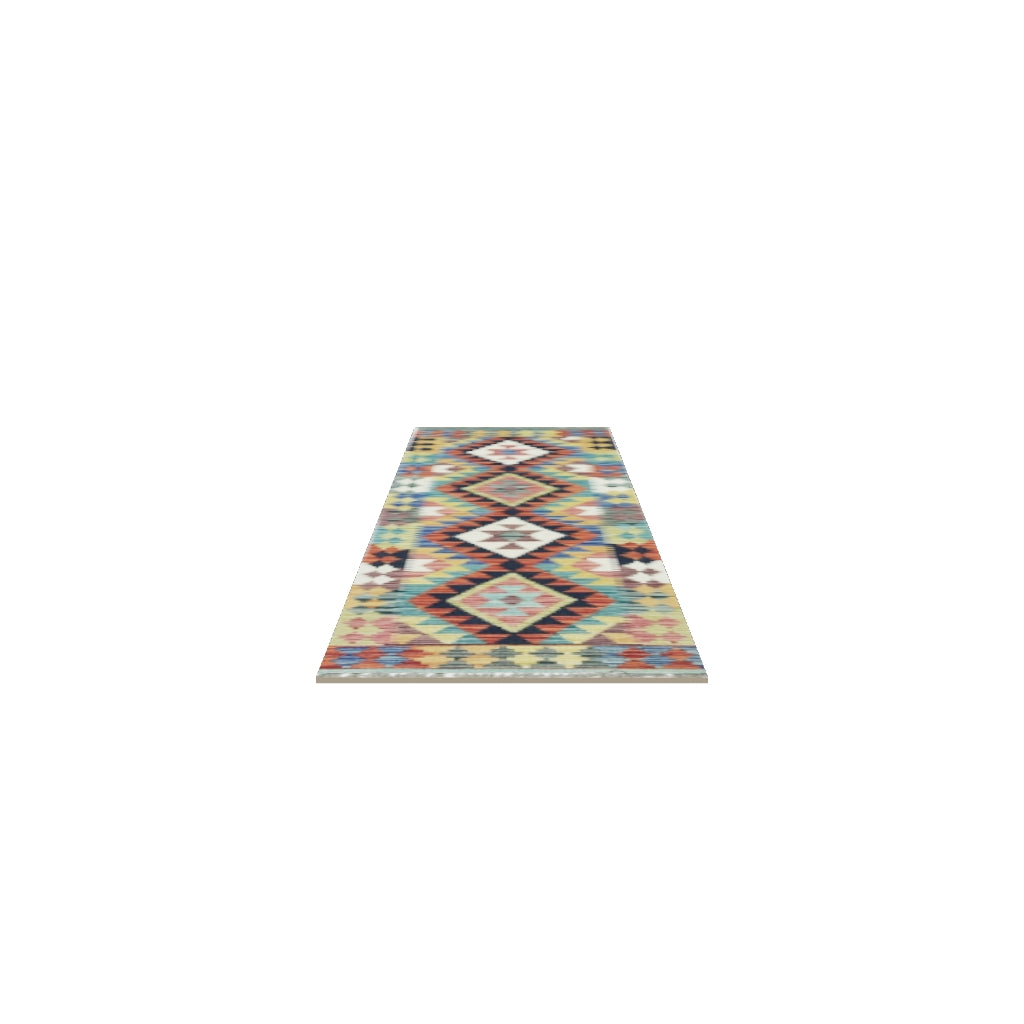 Afghan Kilim Runner 2x7 | Rust, Navy & Ivory | Hand-Woven Wool Flatweave | True-Size 3D Rug | View in Your Room