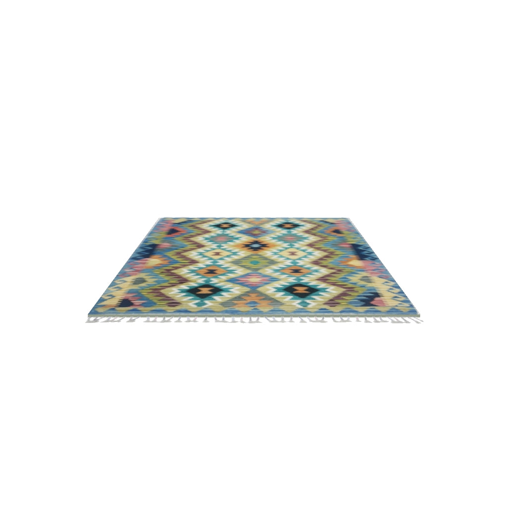 Afghan Kilim Rug 3x5 | Blue, Teal & Gold | Hand-Woven Wool Flatweave | True-Size 3D Rug | View in Your Room