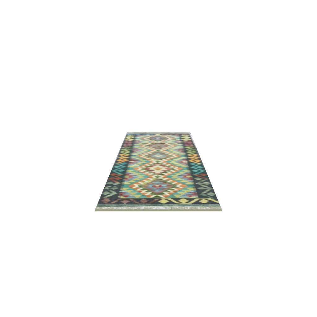 Afghan Kilim Runner 2x6 | Navy, Teal & Olive Green | Hand-Woven Wool Flatweave | True-Size 3D Rug | View in Your Room