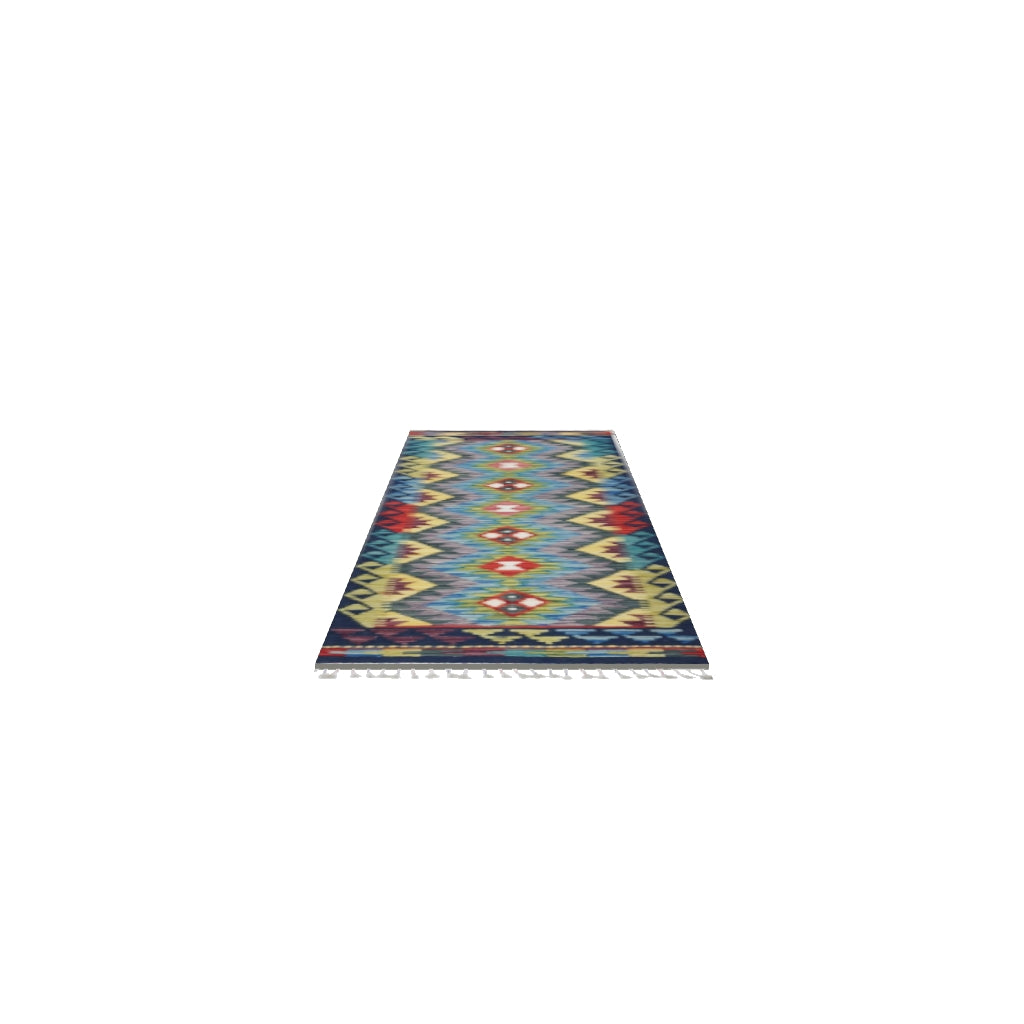 Afghan Kilim Runner 2x6 | Navy, Blue & Gray | Hand-Woven Wool Flatweave | True-Size 3D Rug | View in Your Room