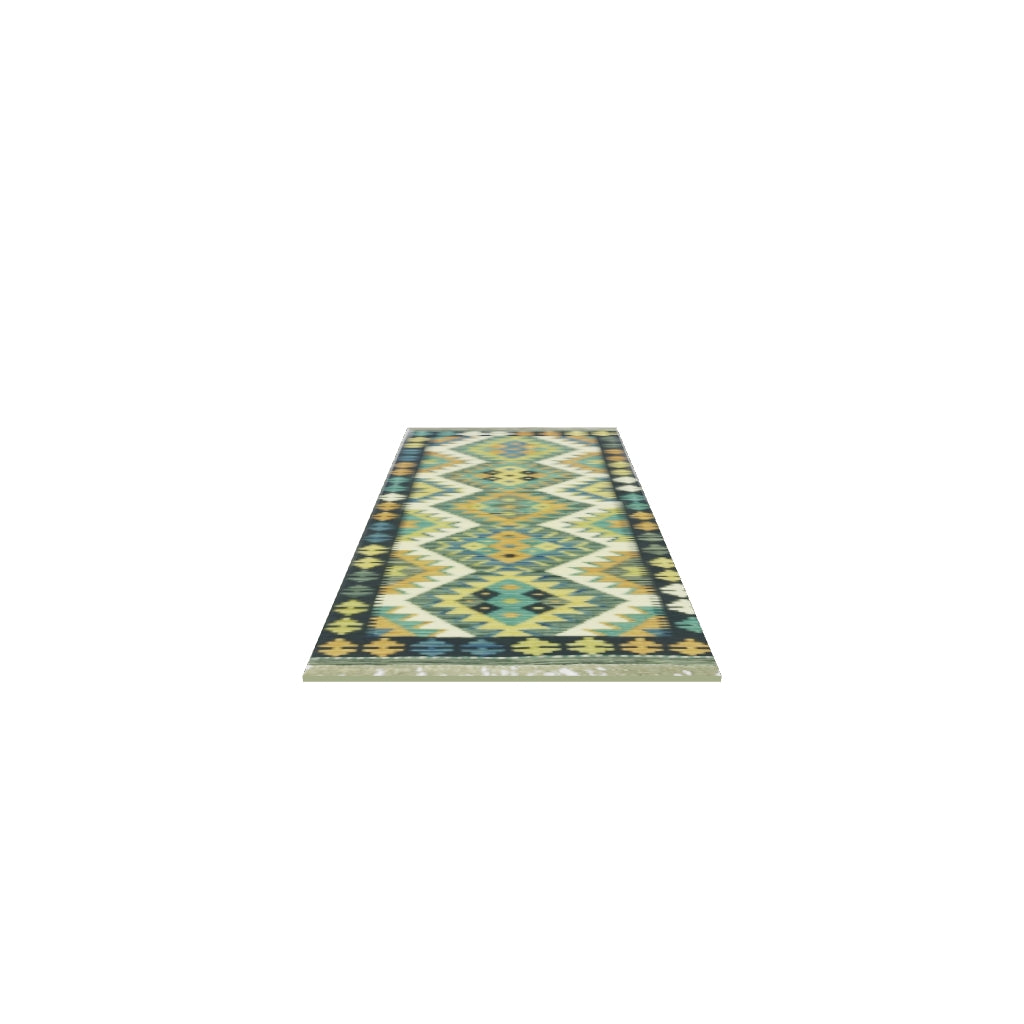 Afghan Kilim Runner 2x6 | Navy, Olive Green & Ivory | Hand-Woven Wool Flatweave | True-Size 3D Rug | View in Your Room