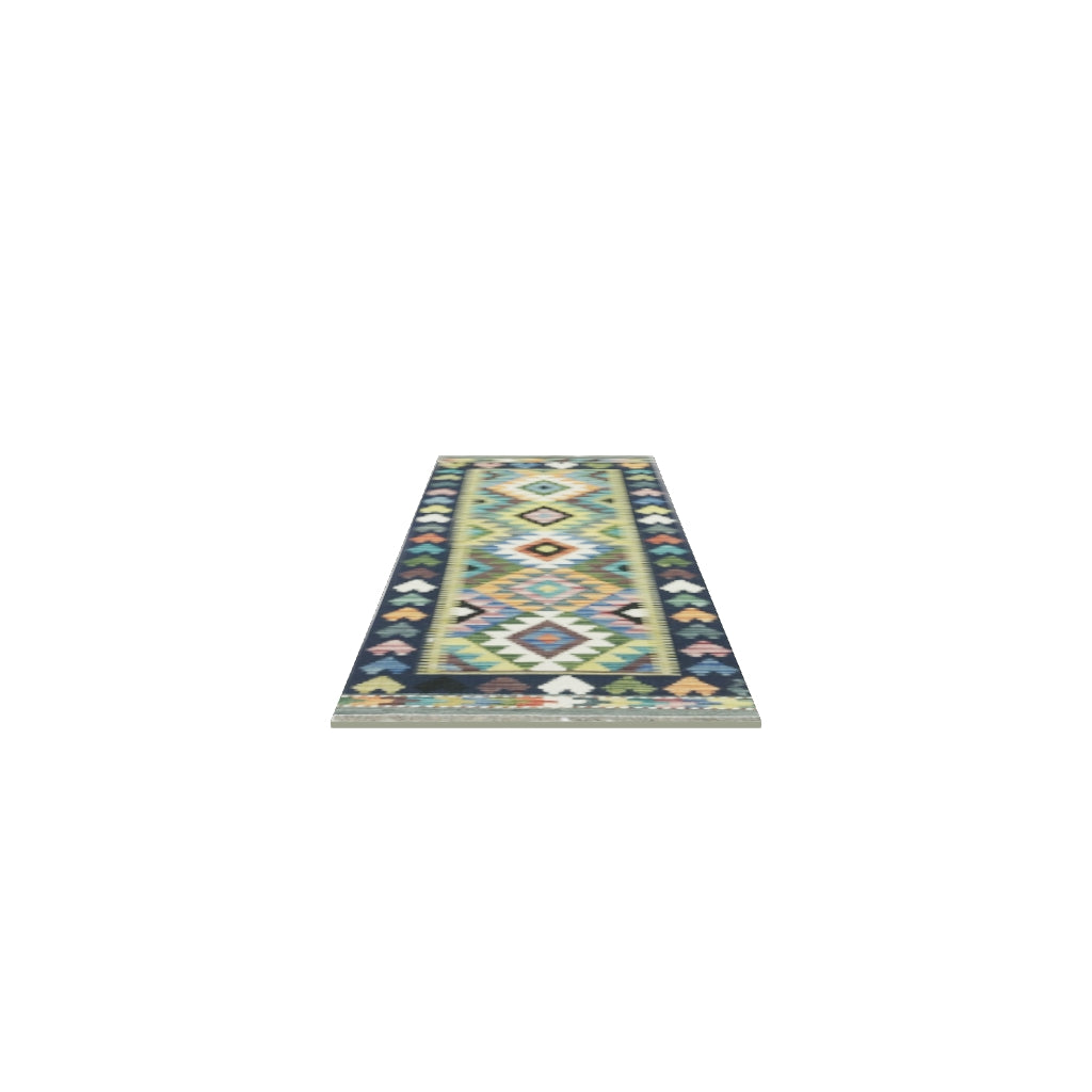 Afghan Kilim Runner 2x6 | Navy, Olive Green & Teal | Hand-Woven Wool Flatweave | True-Size 3D Rug | View in Your Room