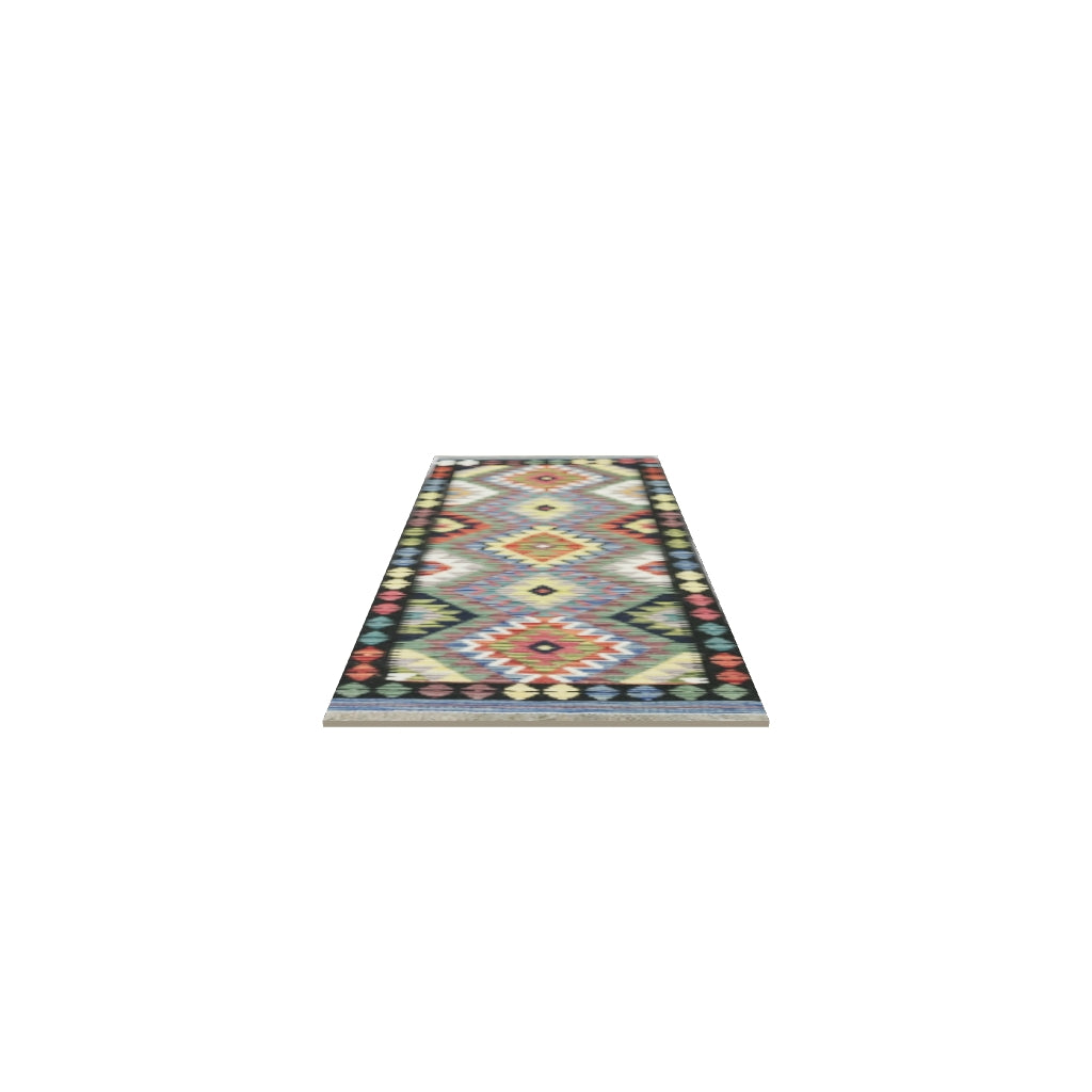 Afghan Kilim Runner 2x6 | Black, Purple & Teal | Hand-Woven Wool Flatweave | True-Size 3D Rug | View in Your Room