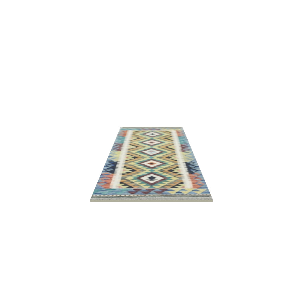 Afghan Kilim Runner 2x6 | Olive Green, Teal & Brown | Hand-Woven Wool Flatweave | True-Size 3D Rug | View in Your Room