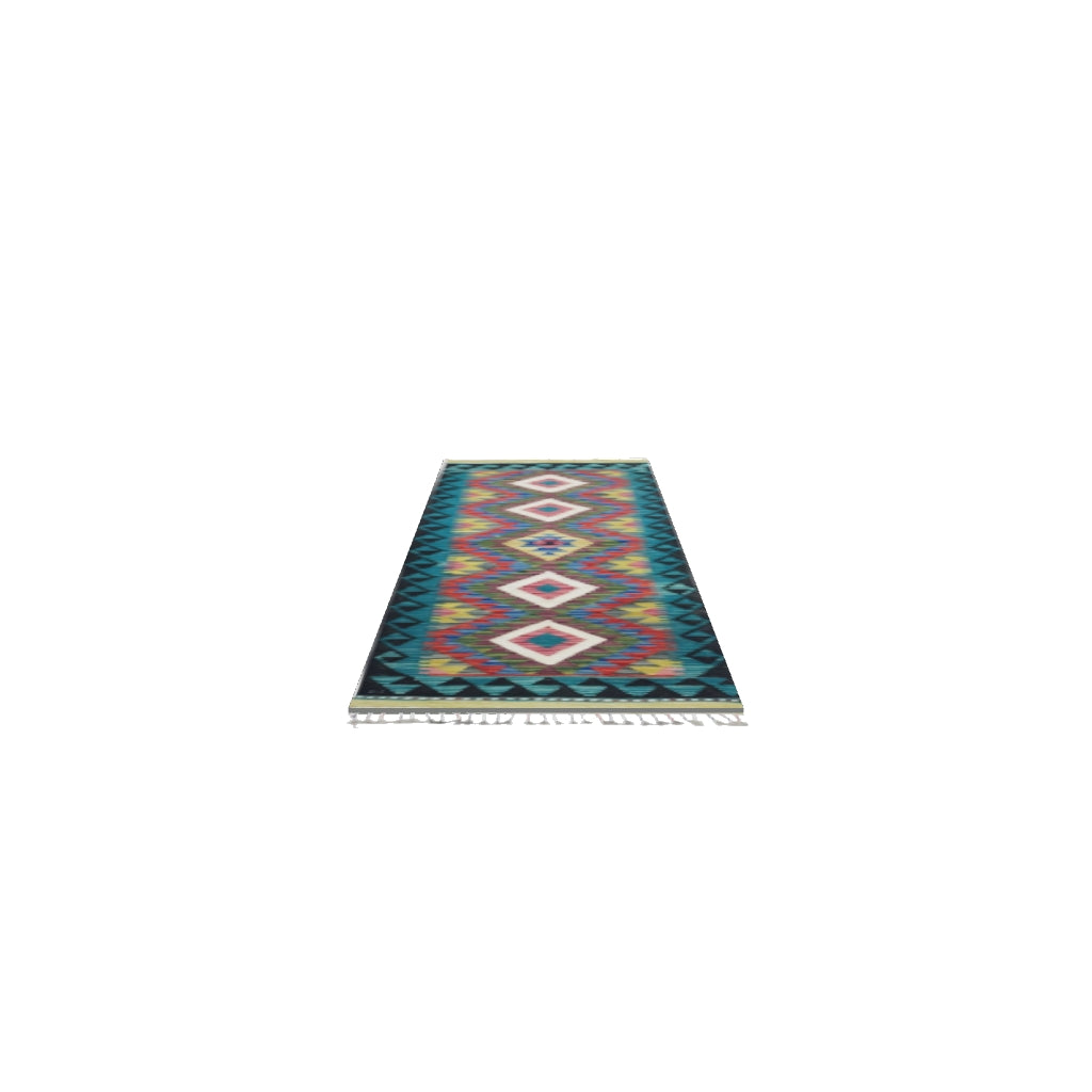 Afghan Kilim Runner 2x6 | Teal, Black & Pink | Hand-Woven Wool Flatweave | True-Size 3D Rug | View in Your Room