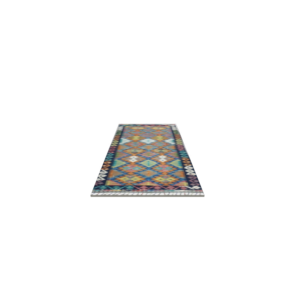Afghan Kilim Runner 2x6 | Navy, Orange & Teal | Hand-Woven Wool Flatweave | True-Size 3D Rug | View in Your Room
