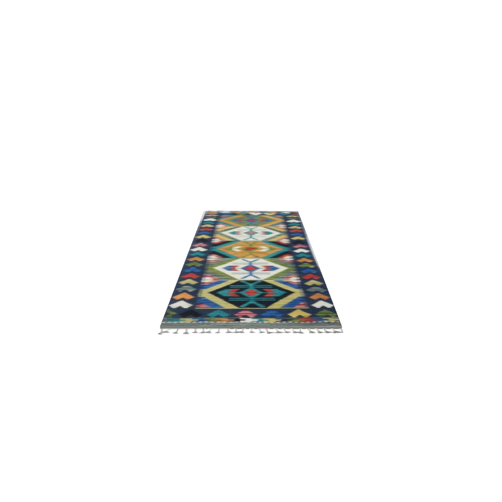 Afghan Kilim Runner 2x6 | Navy, Gold & Ivory | Hand-Woven Wool Flatweave | True-Size 3D Rug | View in Your Room