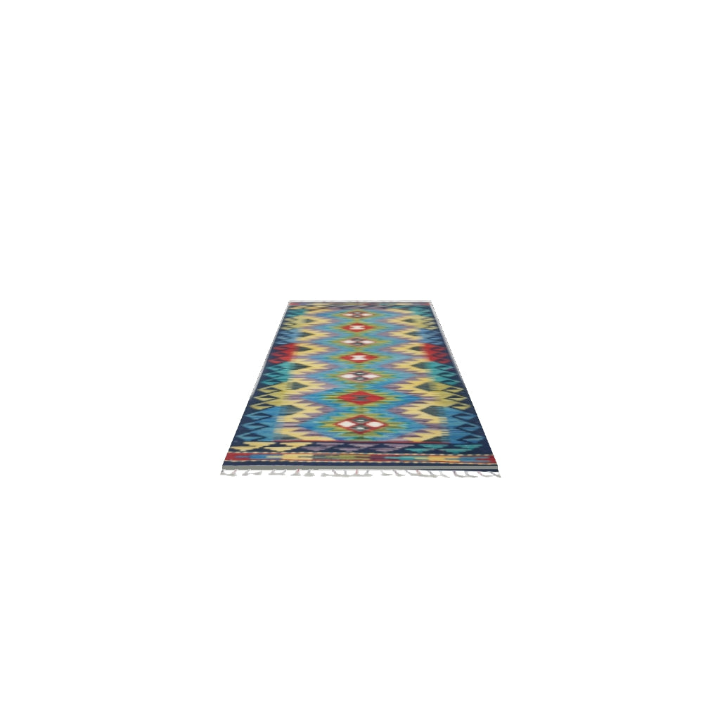 Afghan Kilim Runner 2x6 | Navy, Blue & Gold | Hand-Woven Wool Flatweave | True-Size 3D Rug | View in Your Room