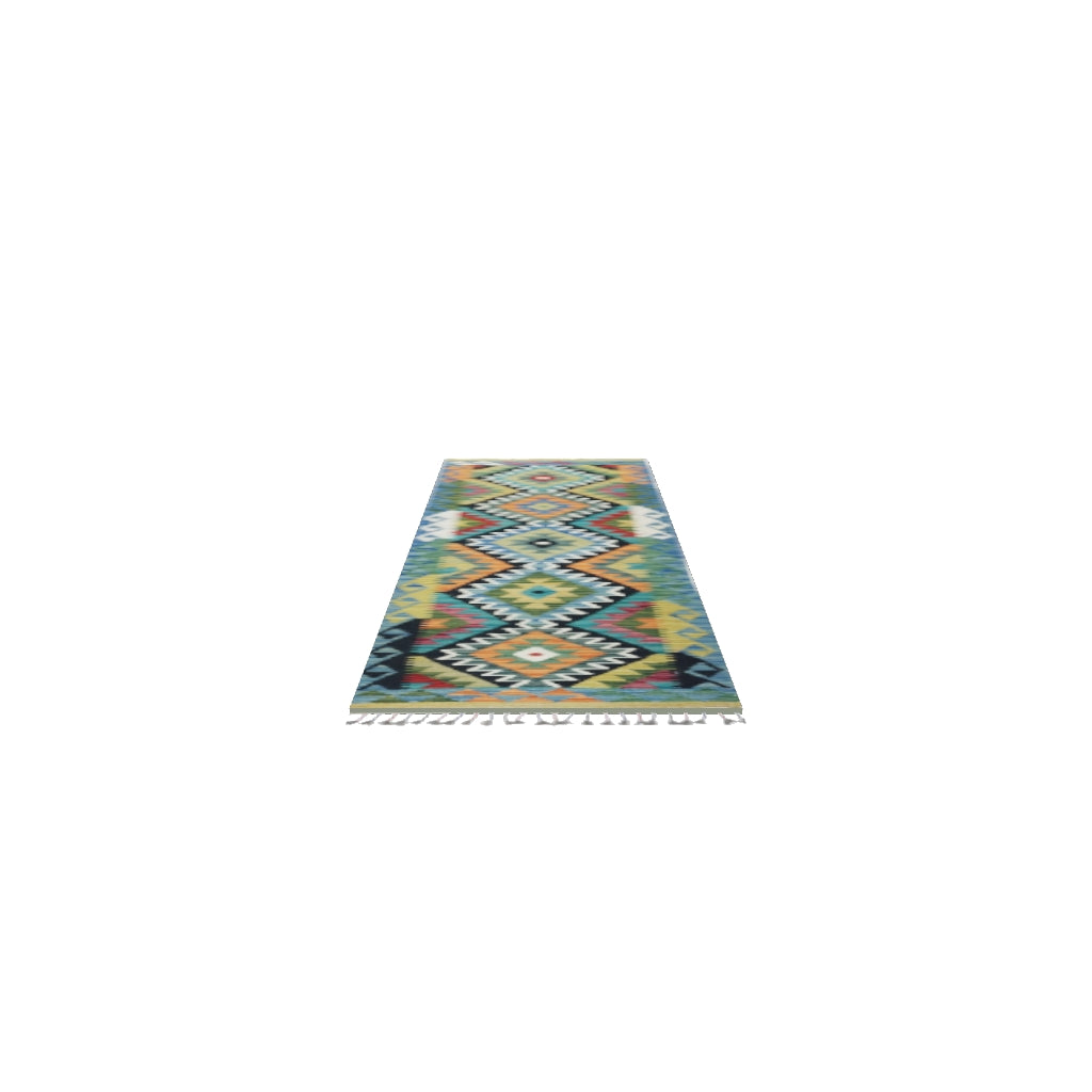 Afghan Kilim Runner 2x6 | Blue, Black & Olive Green | Hand-Woven Wool Flatweave | True-Size 3D Rug | View in Your Room