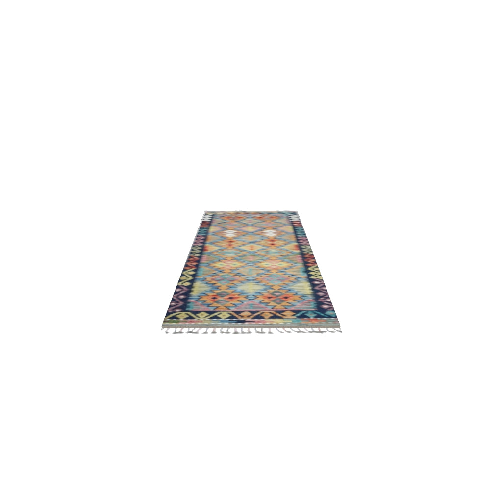 Afghan Kilim Runner 2x7 | Navy, Orange & Teal | Hand-Woven Wool Flatweave | True-Size 3D Rug | View in Your Room