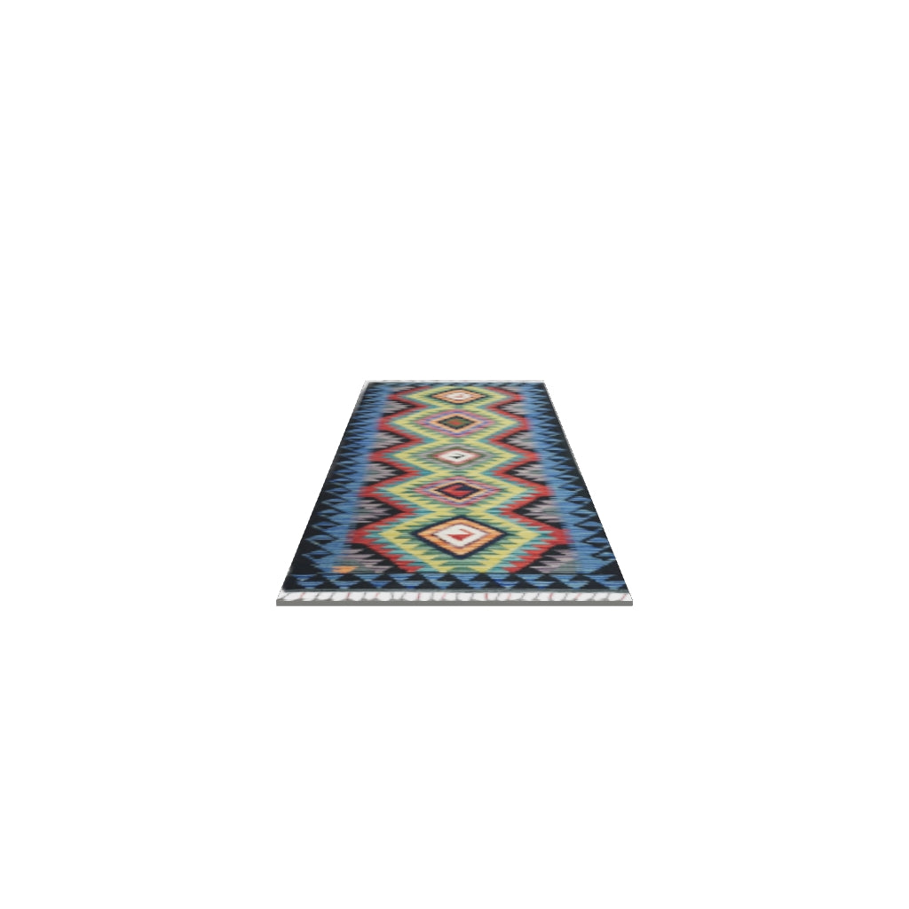 Afghan Kilim Runner 2x7 | Navy, Olive Green & Blue | Hand-Woven Wool Flatweave | True-Size 3D Rug | View in Your Room