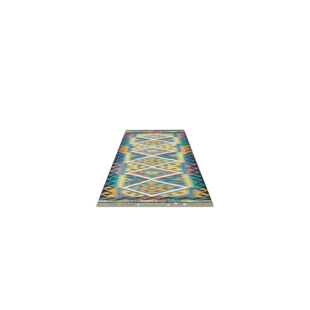 Afghan Kilim Runner 2x7 | Navy, Gold & Teal | Hand-Woven Wool Flatweave | True-Size 3D Rug | View in Your Room