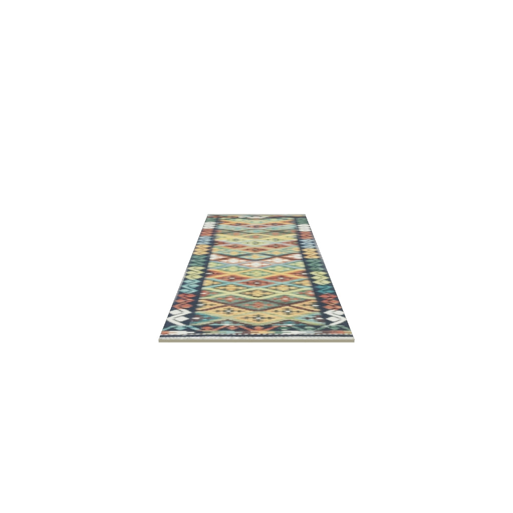 Afghan Kilim Runner 2x7 | Navy, Orange & Teal | Diamond Lattice Wool Flatweave | True-Size 3D Rug | View in Your Room