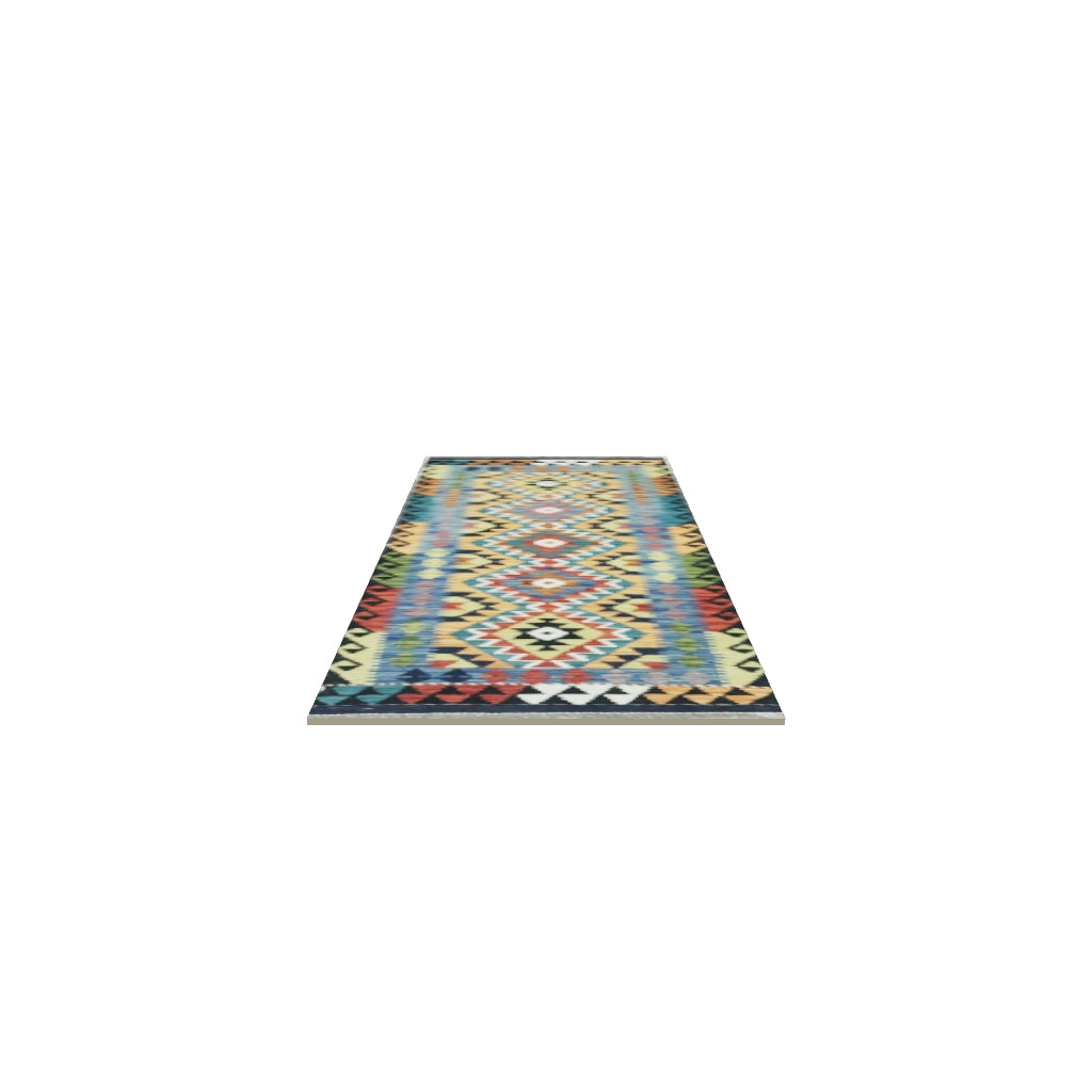 Afghan Kilim Runner 2x6 | Navy, Gold & Teal | Diamond Medallion Wool Flatweave | True-Size 3D Rug | View in Your Room