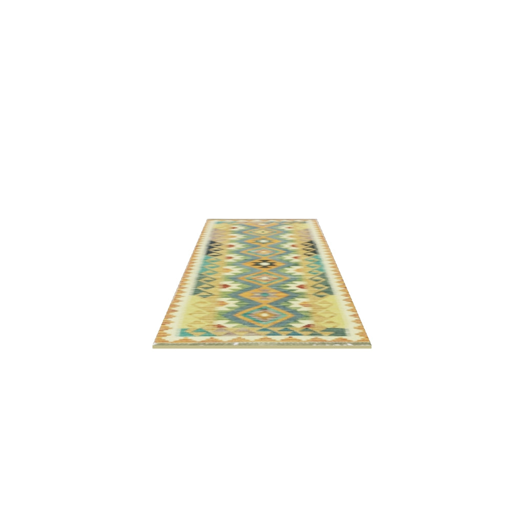Afghan Kilim Runner 2x6 | Gold, Teal & Olive Green | Hand-Woven Wool Flatweave | True-Size 3D Rug | View in Your Room