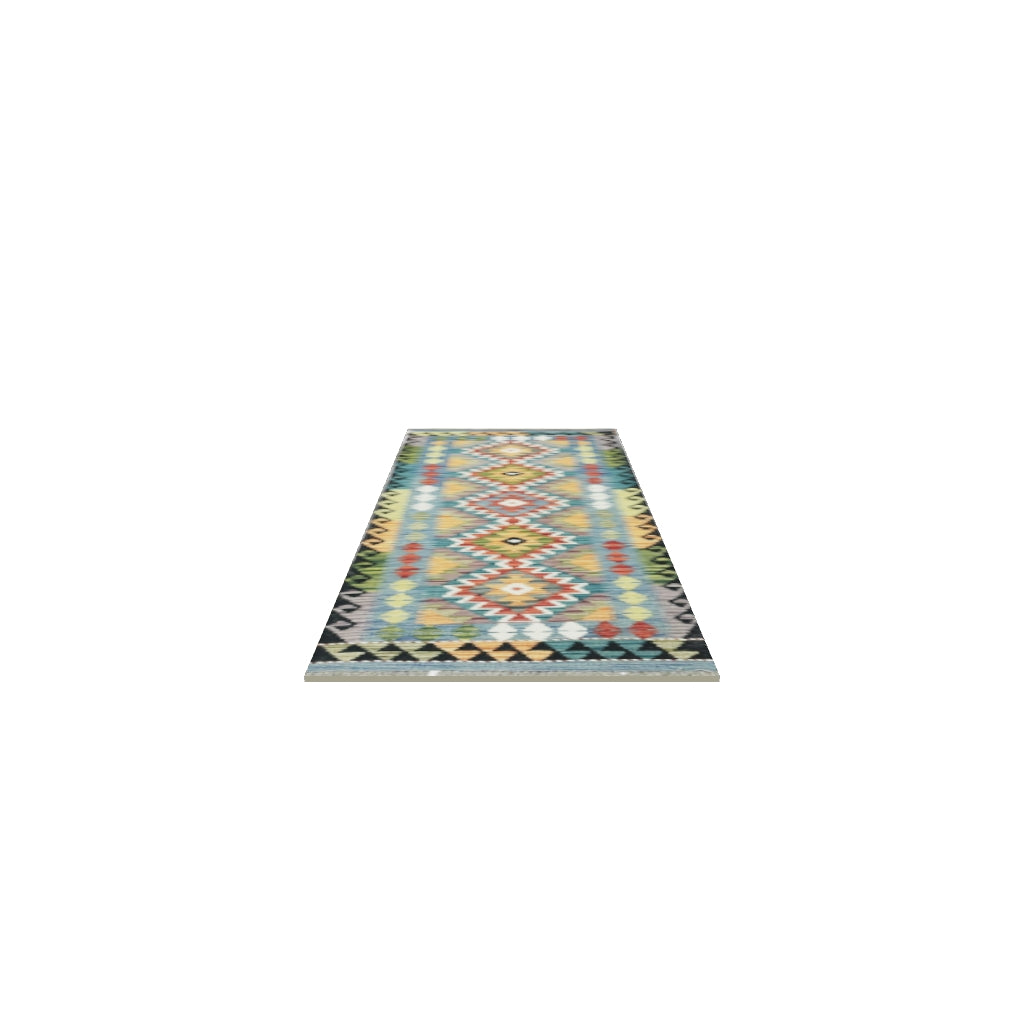 Afghan Kilim Runner 2x6 | Teal, Navy & Rust | Hand-Woven Wool Flatweave | True-Size 3D Rug | View in Your Room