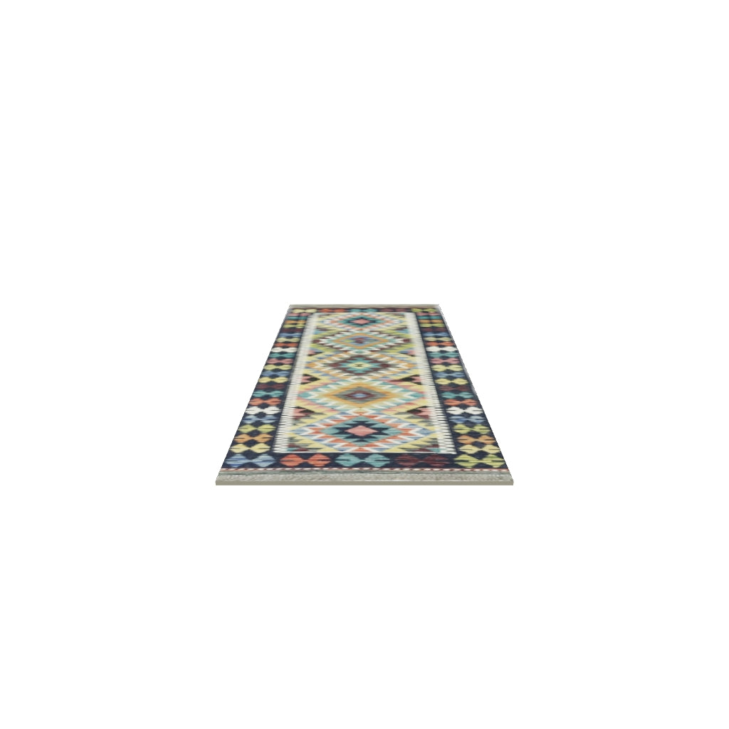 Afghan Kilim Runner 2x6 | Navy, Gold & Teal | Hand-Woven Wool Flatweave | True-Size 3D Rug | View in Your Room