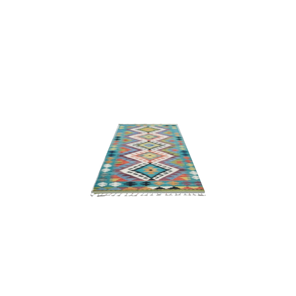 Afghan Kilim Runner 2x6 | Teal, Ivory & Black | Hand-Woven Wool Flatweave | True-Size 3D Rug | View in Your Room