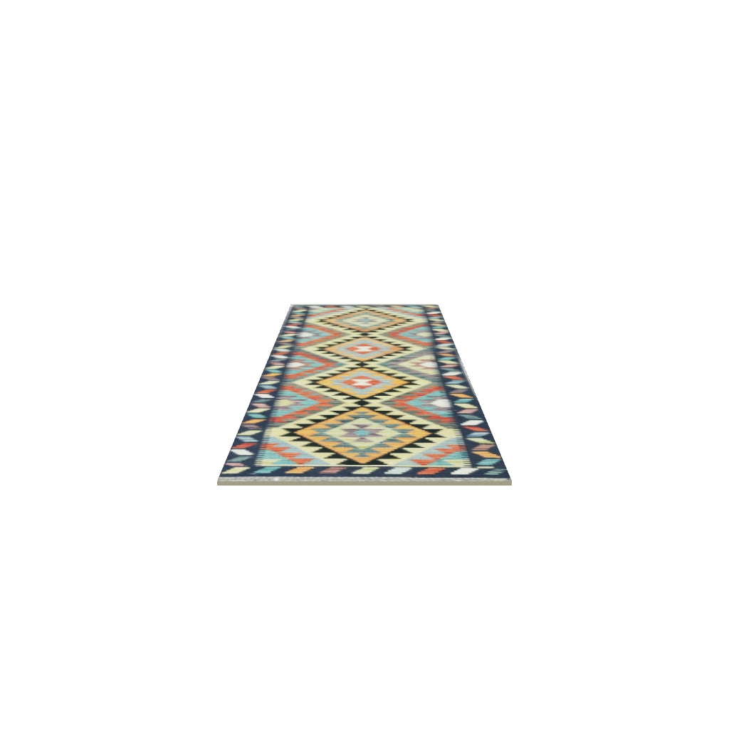 Afghan Kilim Runner 2x6 | Navy, Teal & Gold | Hand-Woven Wool Flatweave | True-Size 3D Rug | View in Your Room
