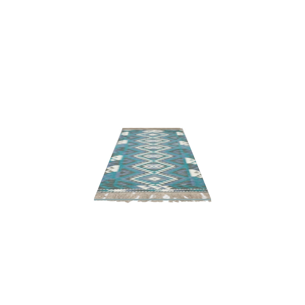 Afghan Kilim Runner 2x6 | Teal, Blue & Ivory | Hand-Woven Wool Flatweave | True-Size 3D Rug | View in Your Room