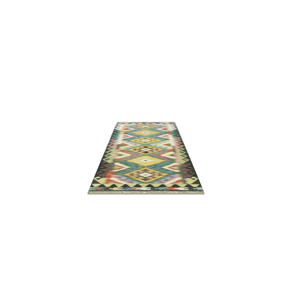 Afghan Kilim Runner 2x7 | Navy, Gold & Ivory | Hand-Woven Wool Flatweave | True-Size 3D Rug | View in Your Room