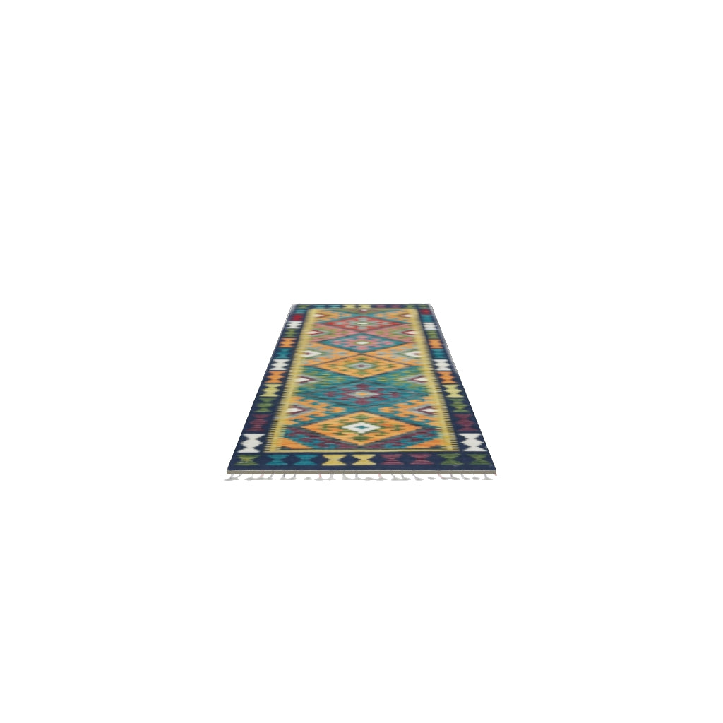 Afghan Kilim Runner 2x7 | Navy, Teal & Orange | Hand-Woven Wool Flatweave | True-Size 3D Rug | View in Your Room
