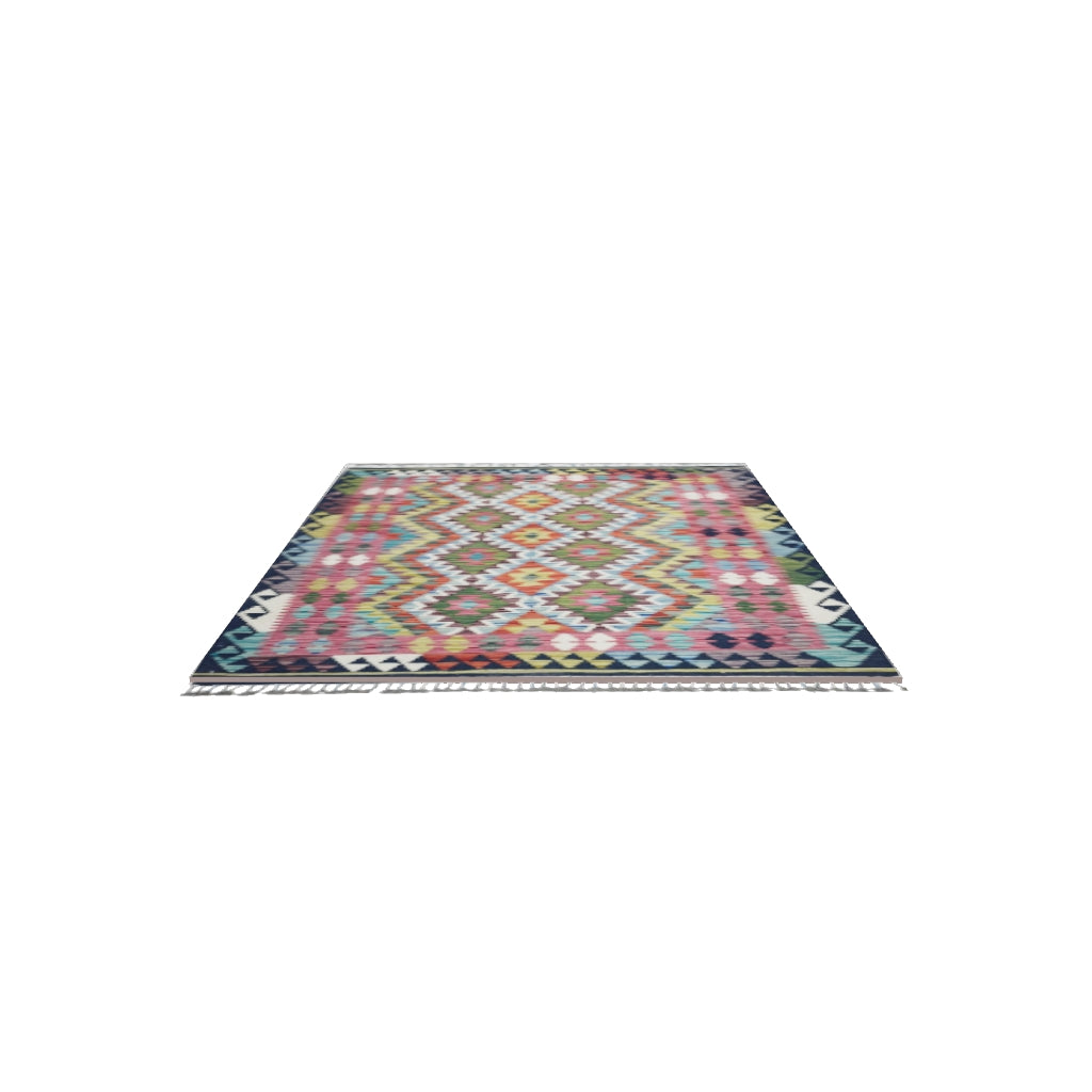 Afghan Kilim Rug 3x5 | Pink, Navy & Green | Hand-Woven Wool Flatweave | True-Size 3D Rug | View in Your Room