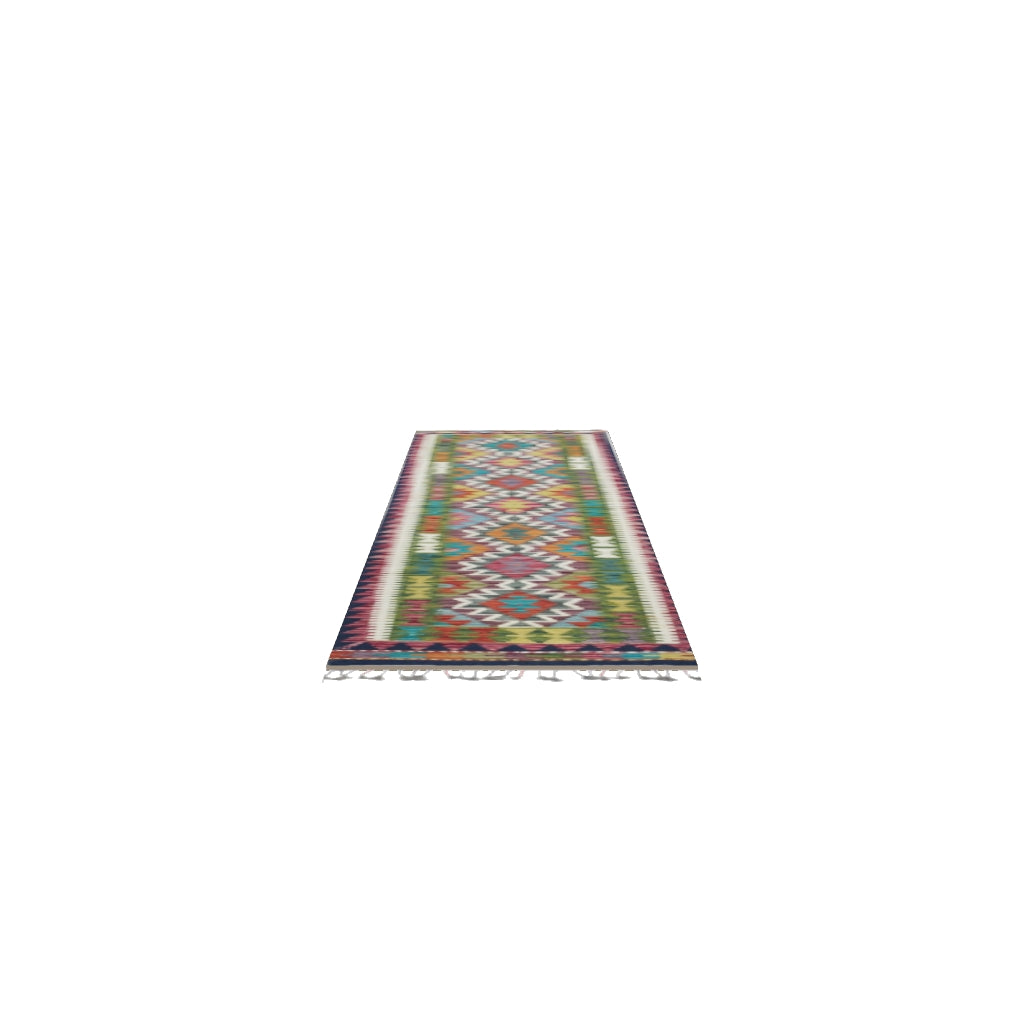 Afghan Kilim Runner 2x7 | Navy, Rust & Olive Green | Hand-Woven Wool Flatweave | True-Size 3D Rug | View in Your Room