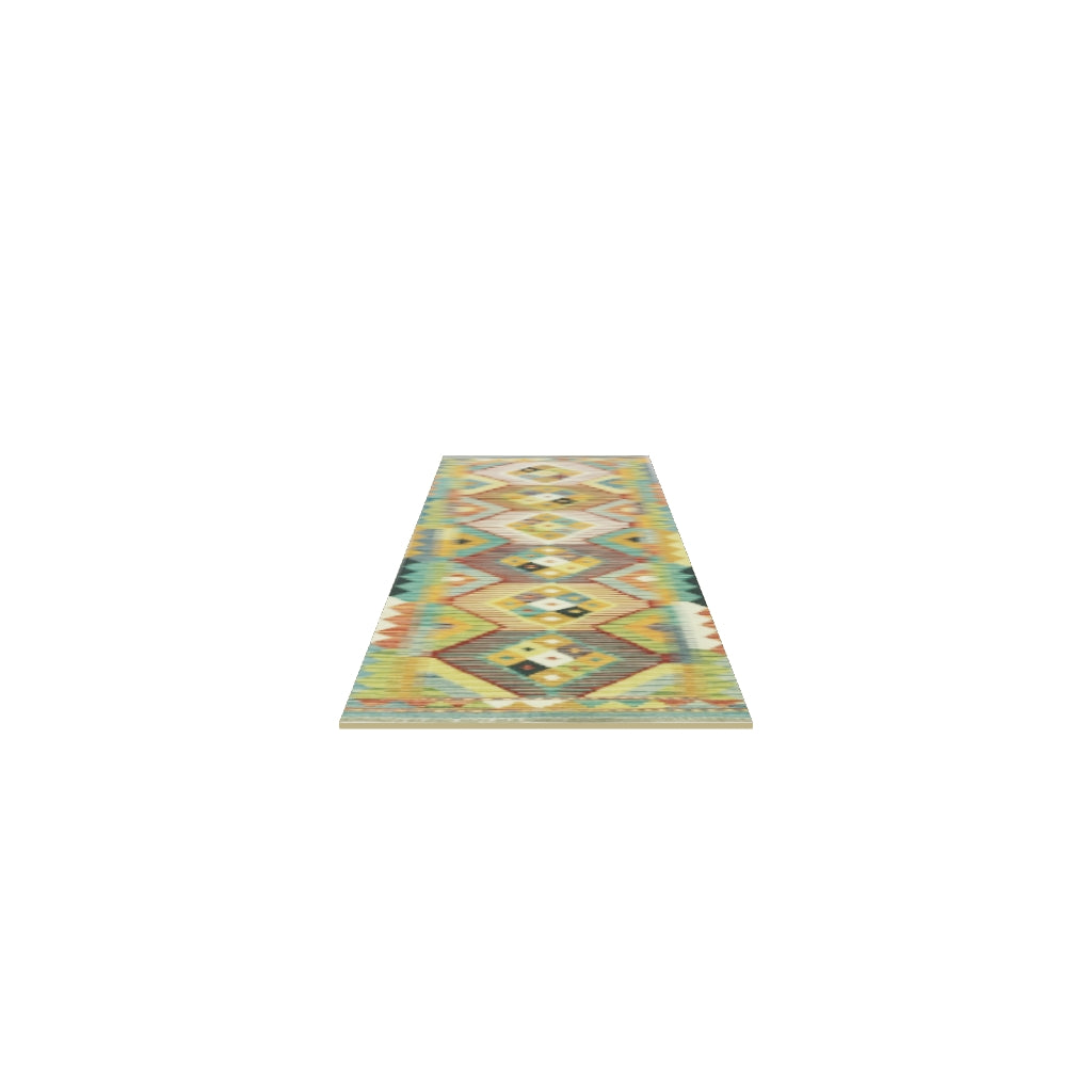 Afghan Kilim Runner 2x7 | Teal, Brown & Gold | Hand-Woven Wool Flatweave | True-Size 3D Rug | View in Your Room