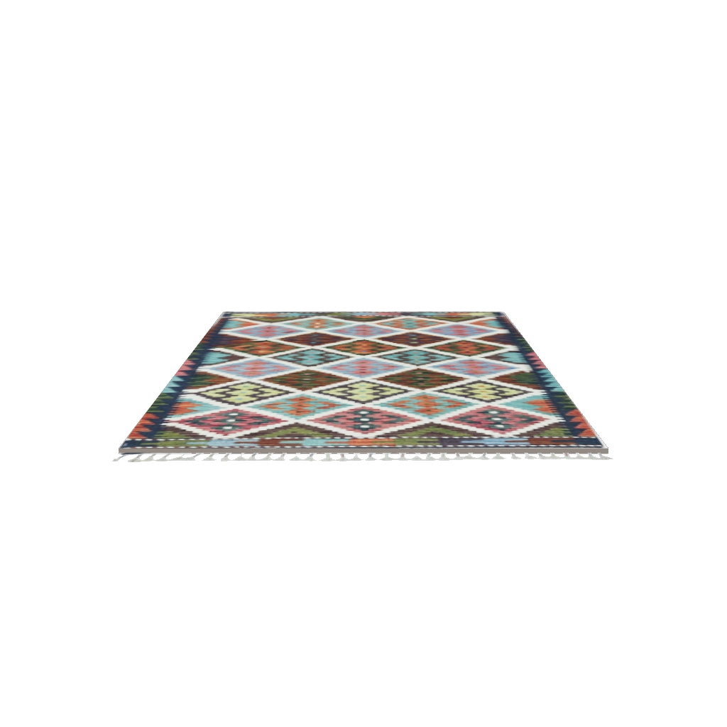 Afghan Kilim Rug 3x4 | Brown, Blue & Ivory | Hand-Woven Wool Flatweave | True-Size 3D Rug | View in Your Room