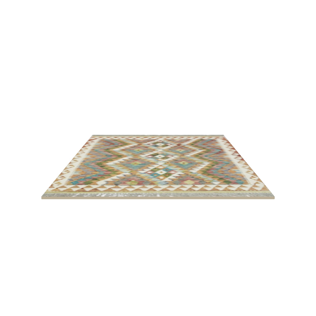 Afghan Kilim Rug 3x4 | Rust, Ivory & Olive Green | Hand-Woven Wool Flatweave | True-Size 3D Rug | View in Your Room