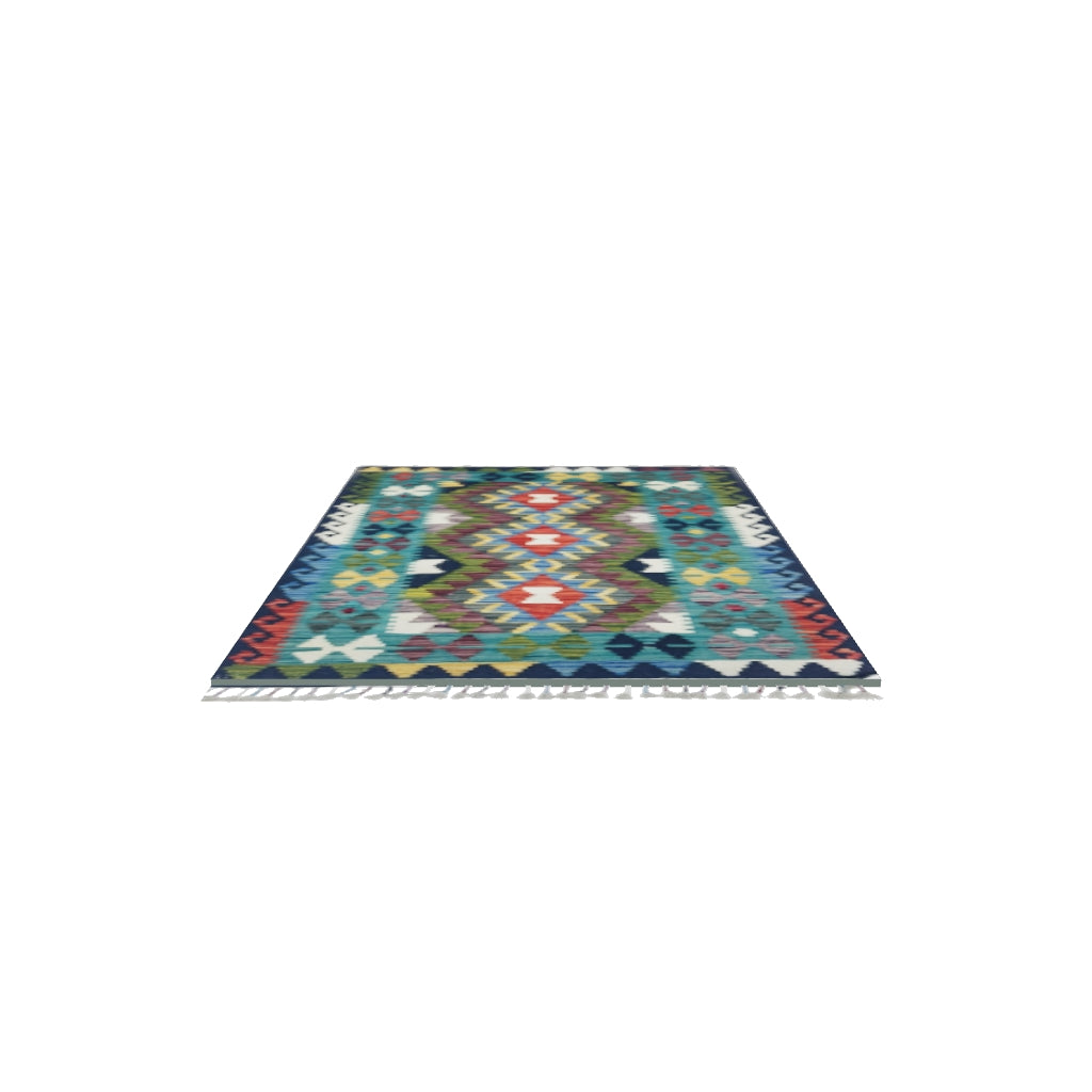 Afghan Kilim Rug 3x4 | Teal, Navy & Olive Green | Hand-Woven Wool Flatweave | True-Size 3D Rug | View in Your Room
