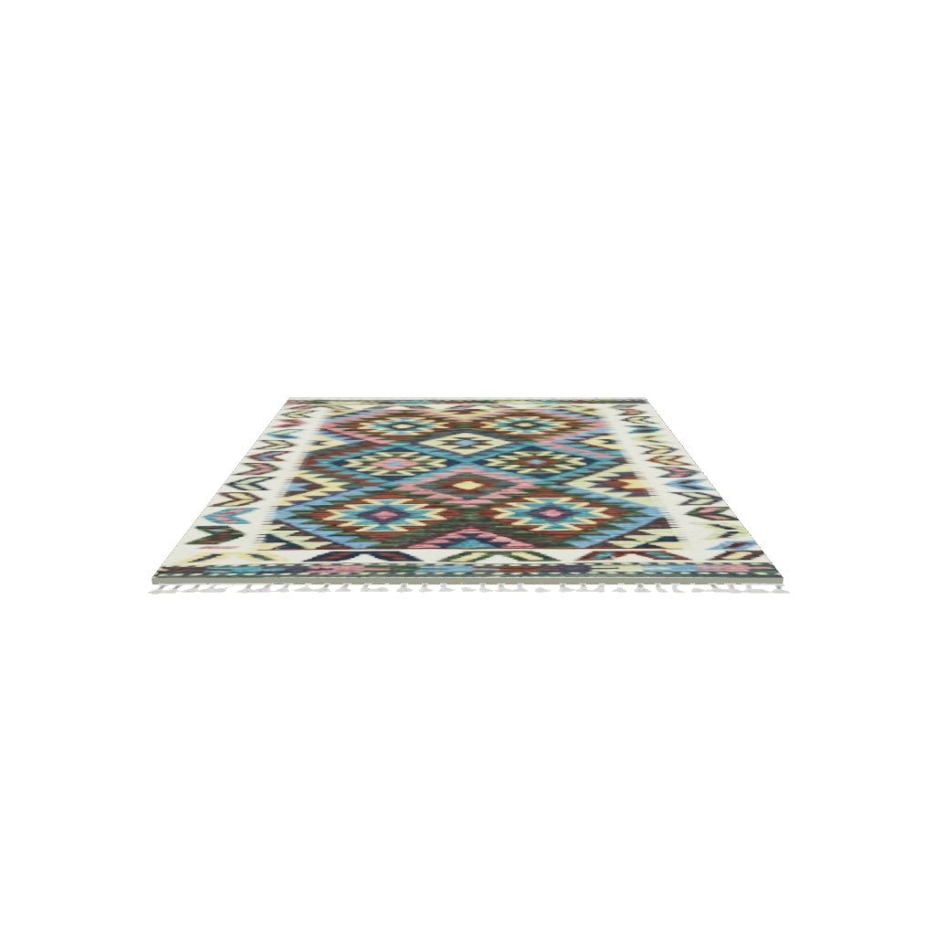 Afghan Kilim Rug 3x4 | Ivory, Teal & Brown | Hand-Woven Wool Flatweave | True-Size 3D Rug | View in Your Room