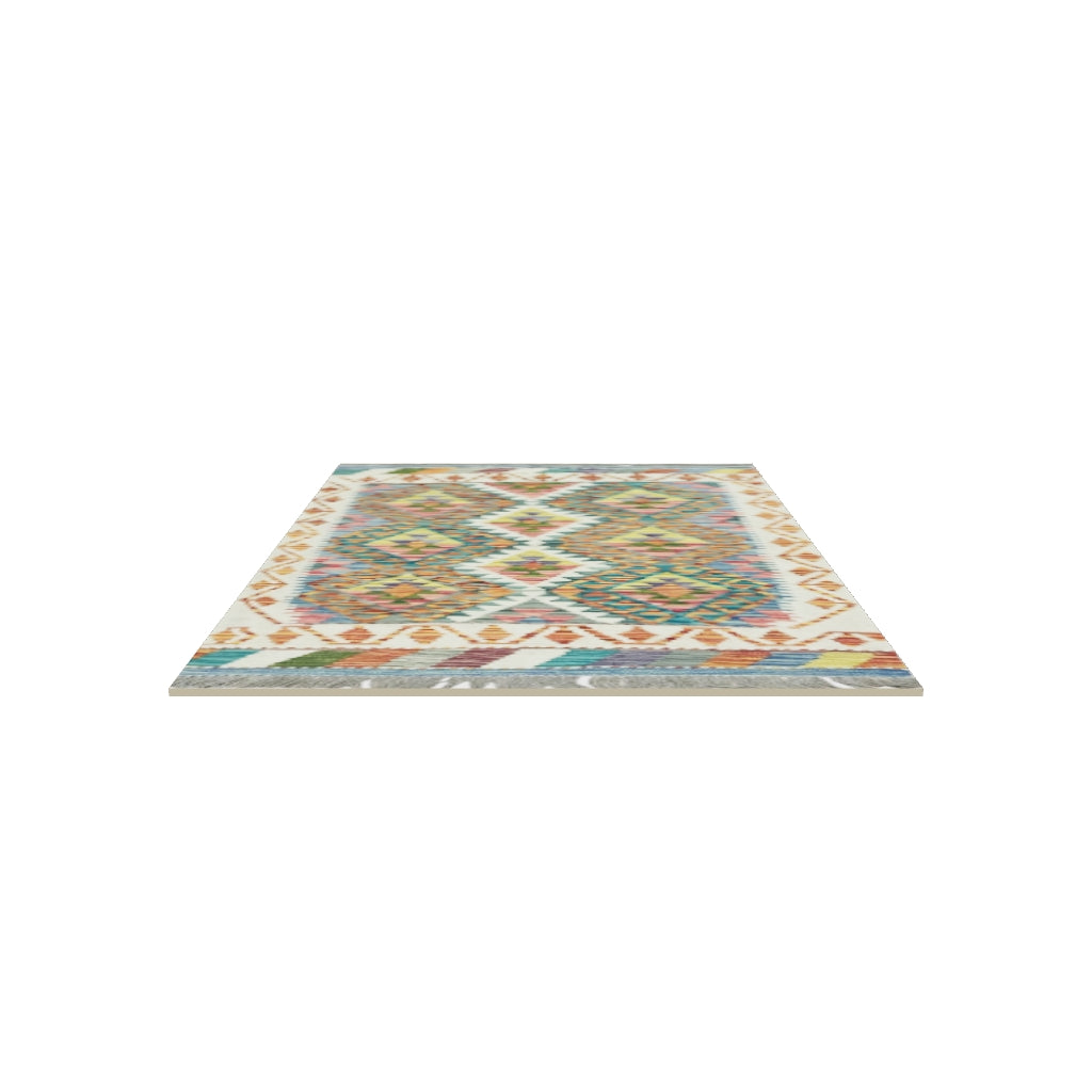 Afghan Kilim Rug 3x4 | Ivory, Rust & Teal | Diamond Lattice Wool Flatweave | Gold Accents | True-Size 3D Rug | View in Your Room