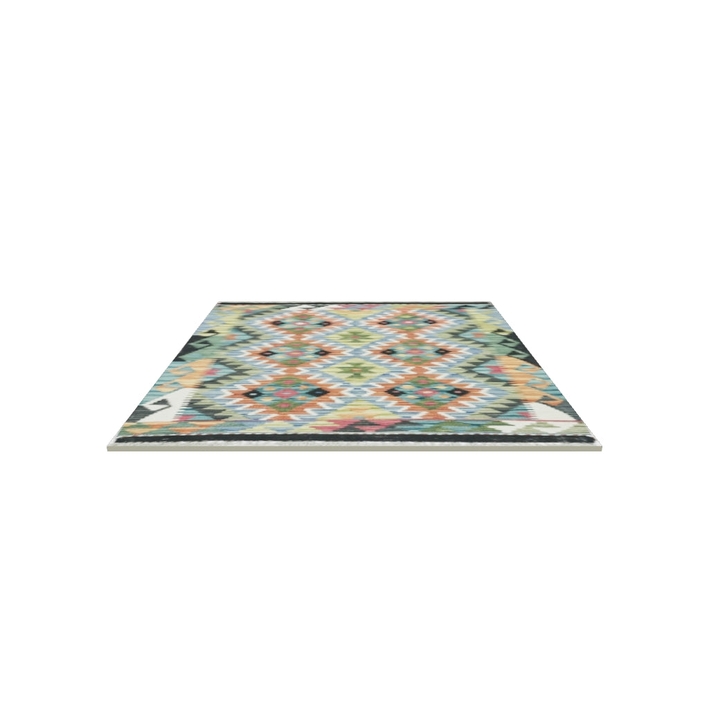 Afghan Kilim Rug 3x4 | Teal, Rust & Olive Green | Hand-Woven Wool Flatweave | True-Size 3D Rug | View in Your Room