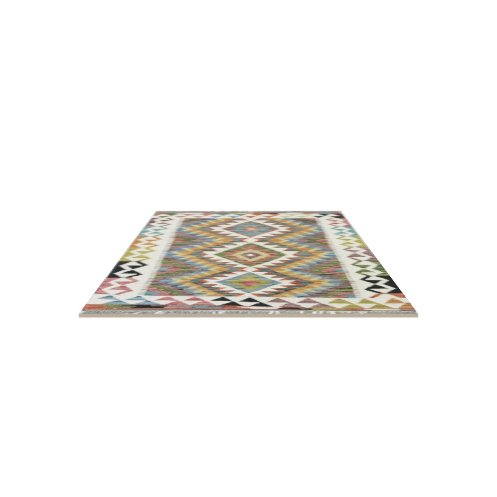 Afghan Kilim Rug 3x4 | Rust, Ivory & Blue | Hand-Woven Wool Flatweave | True-Size 3D Rug | View in Your Room